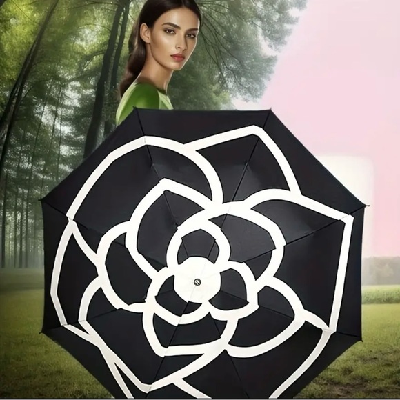 Chic Black and White Floral Umbrella NEW Camellia Flower